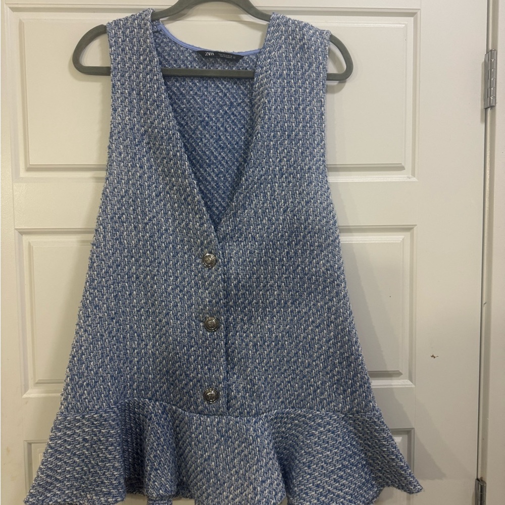 Zara Blue Knit Button-Front Peplum Dress